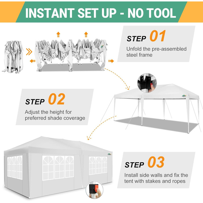 COBIZI Pop-up Pavilion 3x3, Folding Pavilion 3x3 Waterproof, Stable, Winterproof |8X Pegs|4X Wind Rope|UV Protection 50+|High Density Tarpaulin| Pavilion Foldable 3x3m Party Tent Foldable Pavilion 3x3 Garden Pavilion (White, 3x6m with 6 Side Walls)