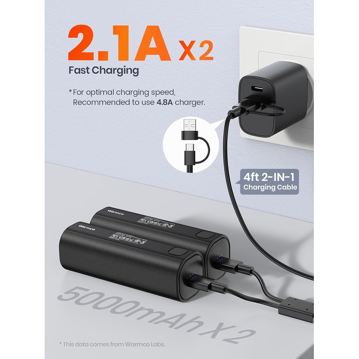 Електричний грієчка для рук Warmco 2 шт., 10000mAh, USB Powerbank, 3 рівні нагріву, для чоловіків та жінок, Outdoor, Гольф, кемпінг, чорний