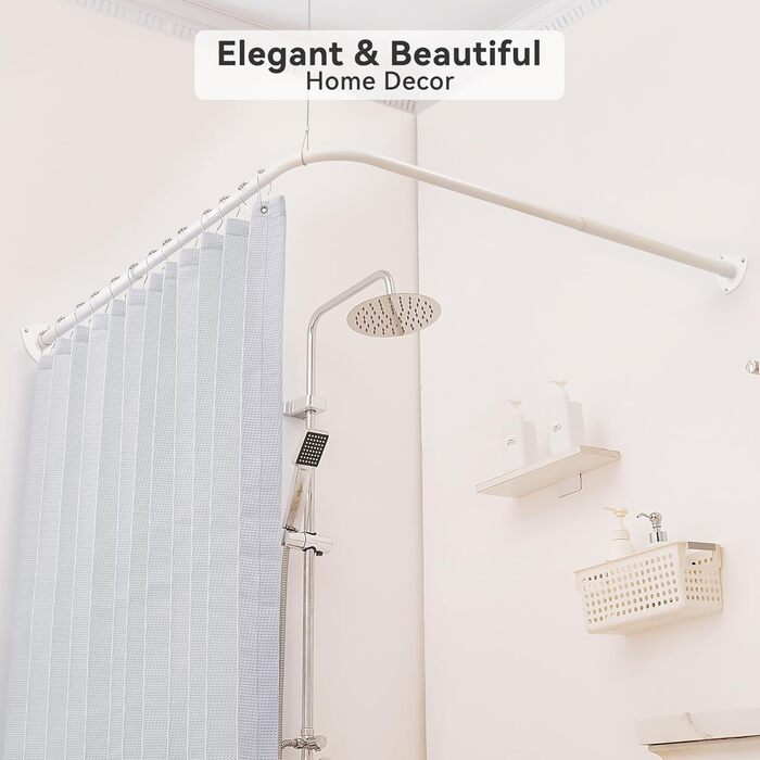 Штанга для душу L-подібної форми, регульована, з 12 кільцями та опорою для стелі, для ванни/ванної кімнати, білий, 60-130см x 60-130см