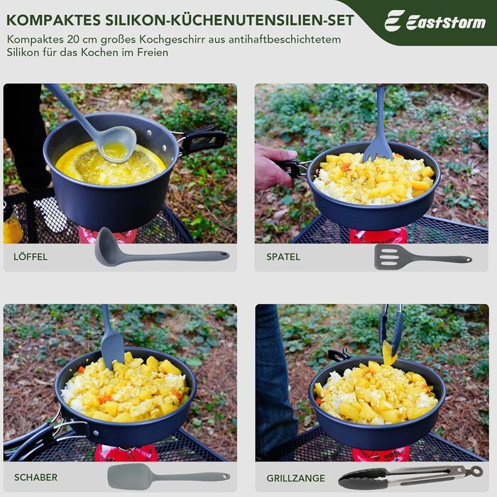 Набір кухонного приладдя для кемпінгу EASTSTORM з водонепроникним чохлом – компактний та легкий посуд для кемпінгу, відпочинку на природі, походів та альпінізму. Ідеальний набір для рюкзаків