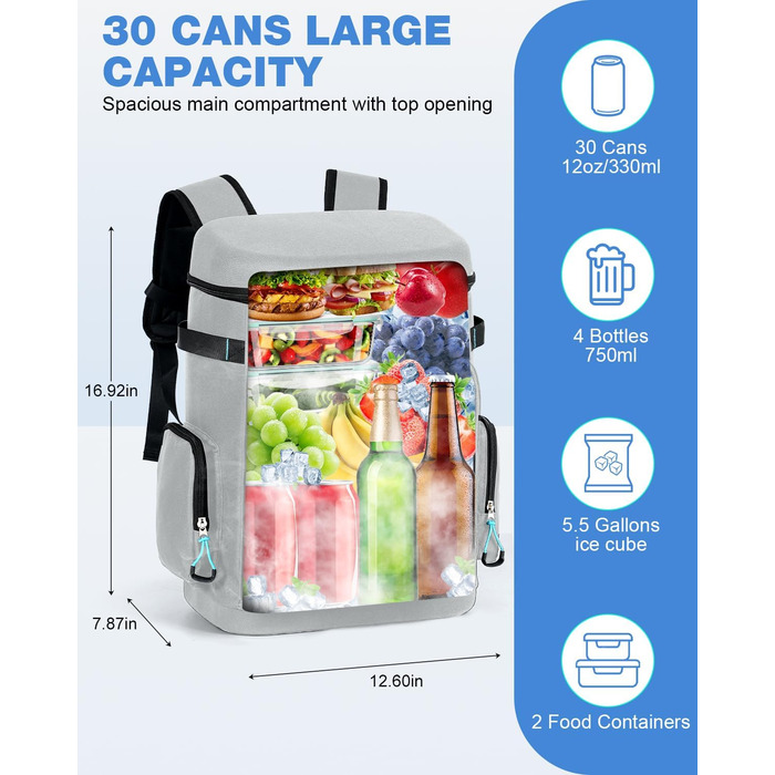 Large Cooler Bag Waterproof Insulated Leakproof Rolltop Cooler Bag Backpack Soft Cooler for Food & Drinks for Beach/Picnic/Camping