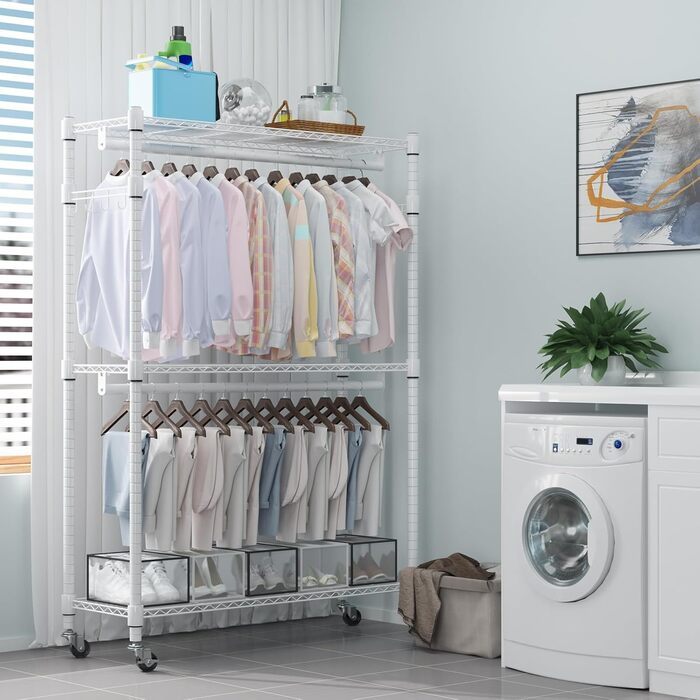 Double Clothes Rack/Garment Rod with Adjustable Shelves, Heavy-Duty Clothes Rack with 2 Hooks, Clothes Rack with Wheels, 90 * 42 * 205cm, White