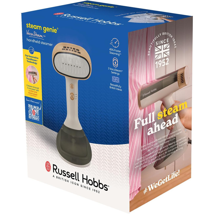 Відпарювач Russell Hobbs VacuSteam Pro: відпарювання та прасування з технологією всмоктування, керамічна підошва, 200 мл резервуар, 3 рівні потужності, для всіх тканин