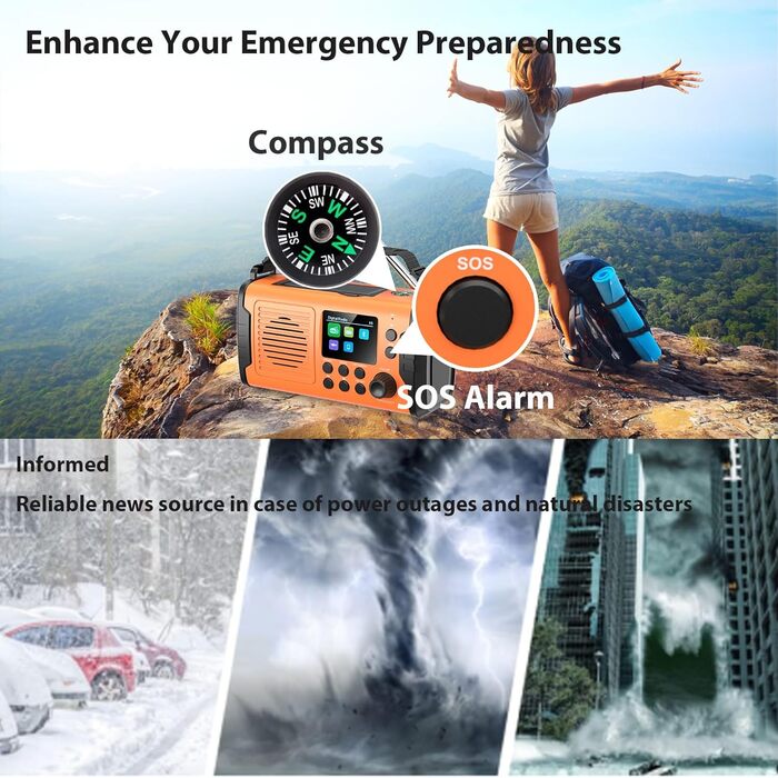 Радіо Kurbelradio на 20000mAh з Bluetooth, DAB/FM, сонячною панеллю, TF-карткою, AUX IN, TFT екраном, LED ліхтариком та SOS кнопкою (ArmyGreen)