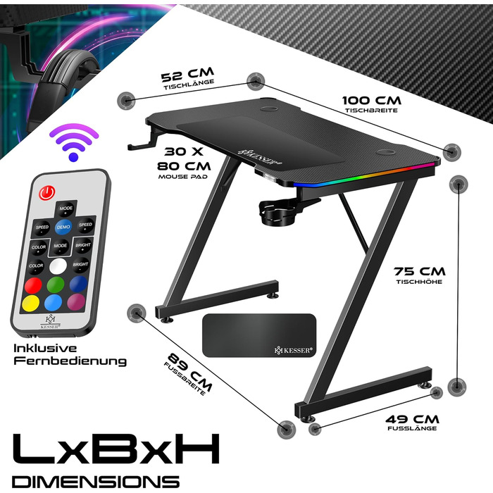 Ігровий стіл KESSER Gaming 120x60 см, Z-подібний комп'ютерний стіл з карбоновим покриттям, підставкою для напоїв та гачком для навушників, чорний