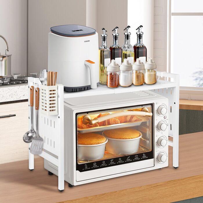 Поличка для мікрохвильової печі 3-ярусна з гачками, розширювана, висувна, 40-64 см, з вуглецевої сталі (біла з перфорованим листком, 42-68*36*46 см)