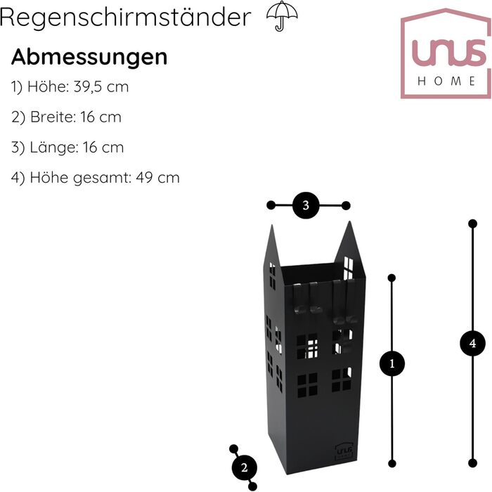 Підставка для парасольки UNUS з піддоном для води, 4 гачки, 16x16x49 см (Чорний, для дому)