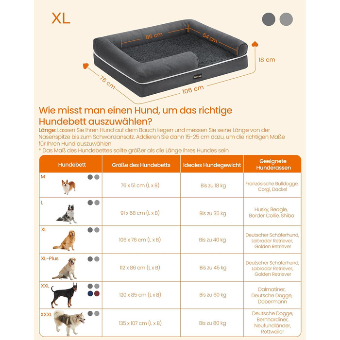 Ортопедичне ліжко для собак Feandrea, м'яке, з піднятими бортиками, знімний чохол, 106 x 76 x 18 см, сіре