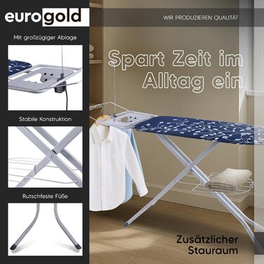 Прасувальна дошка EUROGOLD® XXL 120x42 см з розеткою для парогенератора (Made in Europe) - стабільна, регульована по висоті (BLAU, сірий)