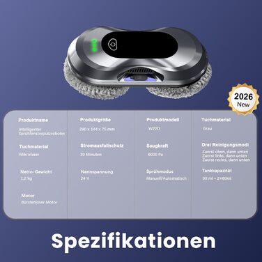 Робот для миття вікон Fensterputzroboter 6000Pa, електричний, з подвійною спіраллю, 3 режими, інтелектуальна навігація, розпізнавання країв, 10 серветок