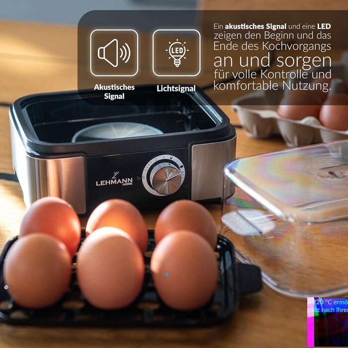 Яйцеварка Lehmann з нержавіючої сталі на 6 яєць - з регулюванням ступеня готовності та звуковим сигналом. 5 програм для ідеальних яєць, мірна склянка та знімач яєць. Сімейна версія.