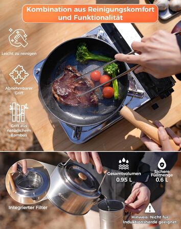 Набір посуду для кемпінгу KingCamp з кошиком, нержавіюча сталь, антипригарне покриття, 4-х частинний набір + чайник