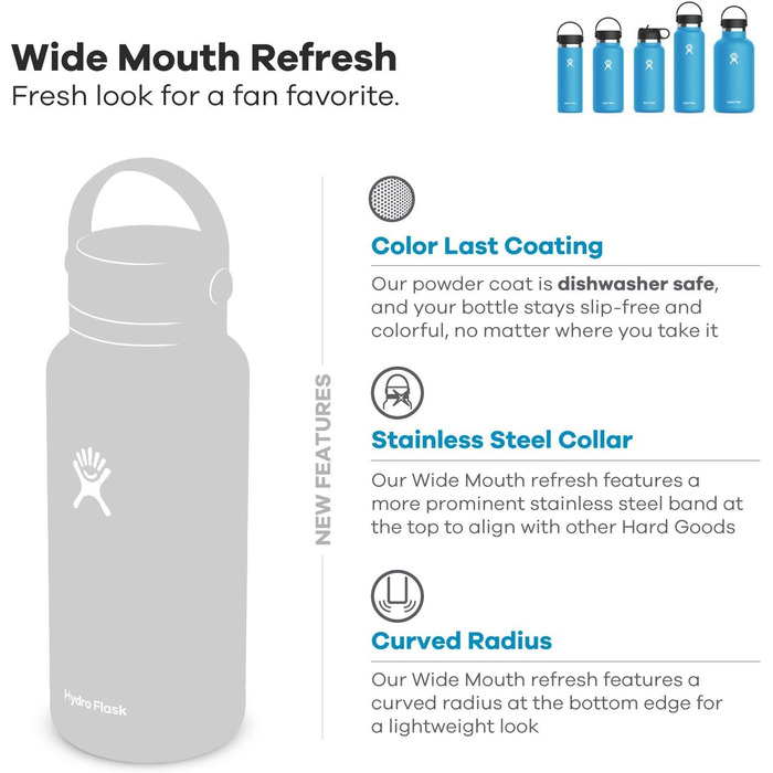 HYDRO FLASK - 1180ml (40oz) Water Bottle - Insulated Stainless Steel Water Bottle - Sports Bottle with Leak-Proof Flex Cap Lid & Strap - Dishwasher Safe Thermos - Wide Mouth Opening - (Fog, 1183 ml)