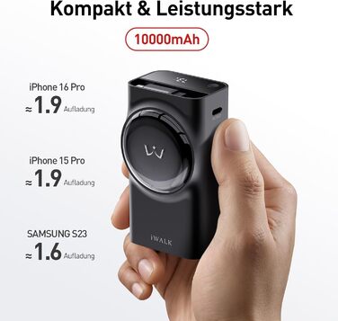 Power Bank iWALK 10000mAh з вбудованим кабелем USB-C 70см, 3 виходи, 30W PD, для iPhone, Samsung, Android, iPad (Чорний)