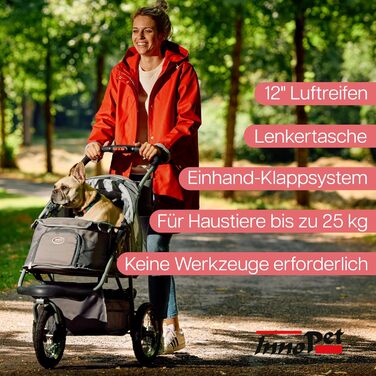 Візок для собак Innopet Comfort Air Eco чорного/срібного кольору – візок для собак/кішок з 30см повітряними колесами, складаний, для лісових стежок, з світловідбиваючими смугами, органайзером, з переробленого нейлону (сірий)