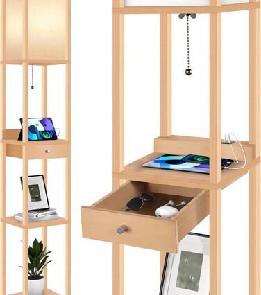 LED торшер OUTON з полицею та шухлядою, 3 режими кольору, таймер 1год, 2 USB-порти, для вітальні, спальні, офісу (дерево)