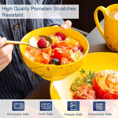 LOVECASA Набір посуду Sweet 16: 16-ти частинний сервіз з золотим декором, жовтий, для 4-12 осіб