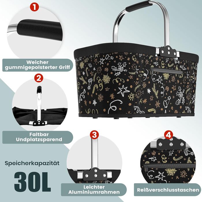 Складаний кошик для покупок на 30L з 4 стійками | Міцний кошик для перенесення та кошик для пікніка | Великий складаний кошик для сім'ї (46x27x25cm) | З м'якими ручками | Для покупок, подорожей, кемпінгу (30L, Чорний з новорічним принтом)
