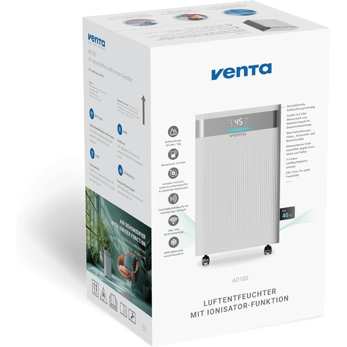 Зволожувач повітря Venta AD100 з іонізатором, 20л/добу, бак 4,5л, для приміщень до 40м²/100м³, автоматичне керування, режим сушіння білизни, R290, білий