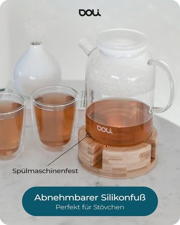 Скляний чайник Doli 1,5 л з сіткою з нержавіючої сталі, чорний — для гарячих та холодних напоїв, підходить для посудомийки, BPA-free