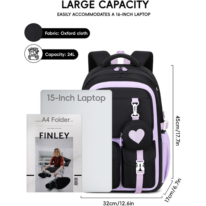 Шкільний рюкзак для дівчаток Tanou, чорний, з дихаючої тканини Oxford, для 3-5 класів