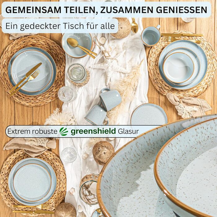 Набір посуду SÄNGER Rio, 24 елементи, керамічний посуд для 6 осіб (6 тарілок, 6 тарілок для сніданку, 6 глибоких тарілок, 6 мисок для пасти), блакитний колір, VALUE COLLECTION (Lagune)