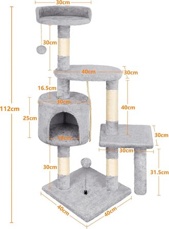 Котячий будиночок Kratzbaum 112 см з дряпальною колоною та платформою, сірий