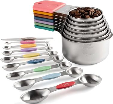 16-Piece Stainless Steel Measuring Cup and Spoon Set, 7 Sturdy Cups, 8 Double-Sided Spoons with Leveler, Multicolored
