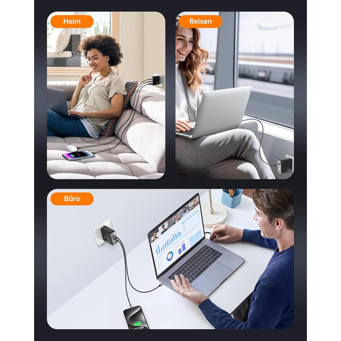 Зарядний пристрій USB-C 67W NOVOO GaN III 3-порти, швидка зарядка для MacBook, iPad, Pixel, Samsung, iPhone, Steam Deck (Чорний)