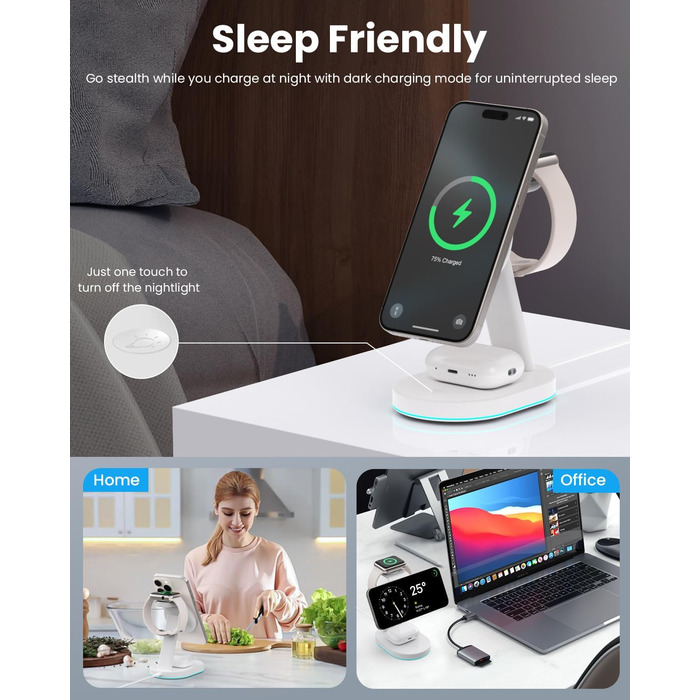 Бездротова зарядка 3-в-1 з MagSafe, USB-C та нічним світлом для iPhone 16/15/14/13/12, Apple Watch та AirPods (біла)