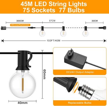 LED гірлянда GLUROO для вулиці, 7.6м, 12+1 лампочки G40, тепле світло, вологостійка, для саду, вечірок, диммер