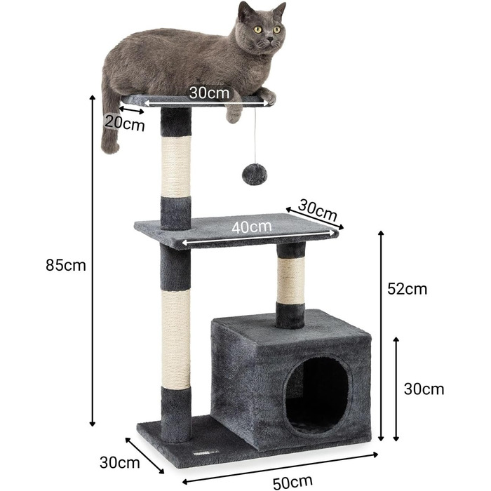 Lionto Scratching Post for Cats with Cave and Plush Ball incl. Bell, Height 85 cm, Cat Tree with Sisal & Plush, Cozy Resting Areas & Cave, Suitable for Small & Large Cats, (Dark Grey (with name tag))