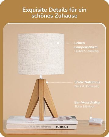 Настільна лампа EDISHINE вінтажна, зелена, LED, дерев'яний штатив, E27, абажур з льону, для декору спальні та вітальні, з лампочкою