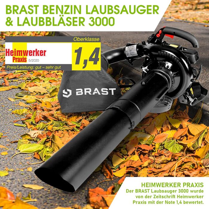 BRAST® Leaf Blower/Vacuum - Gas Powered 1.0kW (1.36HP) | 55L Collection Bag | Includes 2 Blow Pipes, Shoulder Strap & Anti-Vibration Handle | 4-in-1 Function | Blowing Speed 73 m/s