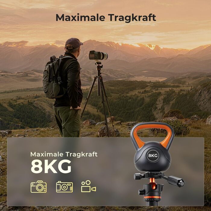 Компактний алюмінієвий штатив для камери K&F Concept 182 см, посилений тримач 8 кг, Arca-Swiss куляста головка для DSLR, бездзеркальних камер та iPhone, чорний (O234A3+BH-36)