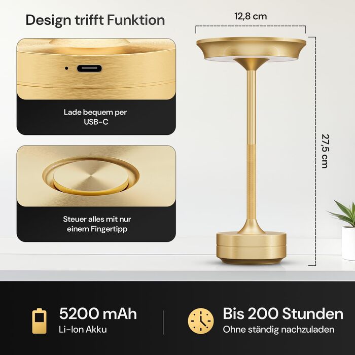 LED-лампа настільна бездротова з акумулятором та USB-C - 3 кольори світла, регулювання яскравості - для дому та на вулицю (Золота)