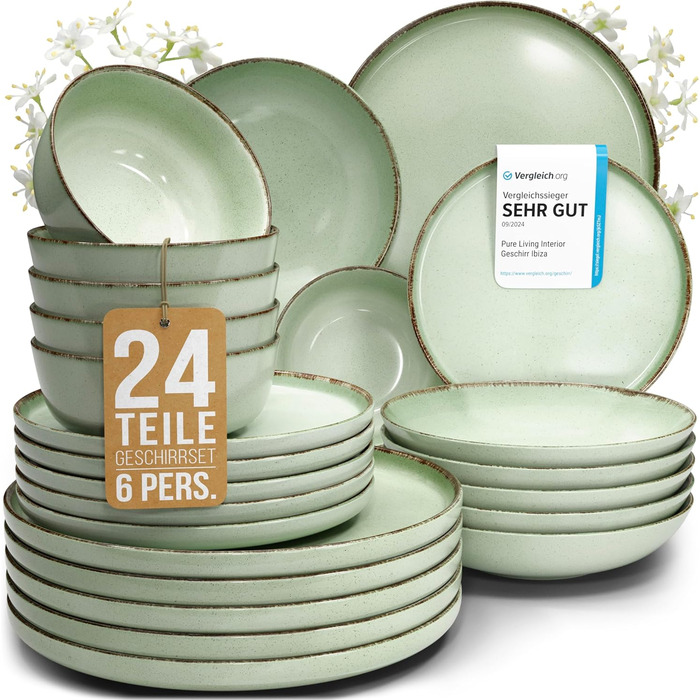 Набір посуду Steingut Rustic 24 шт. для 6 осіб: м'ятно-зелений сервіз Pure Living (м'ятний колір, сільський стиль)