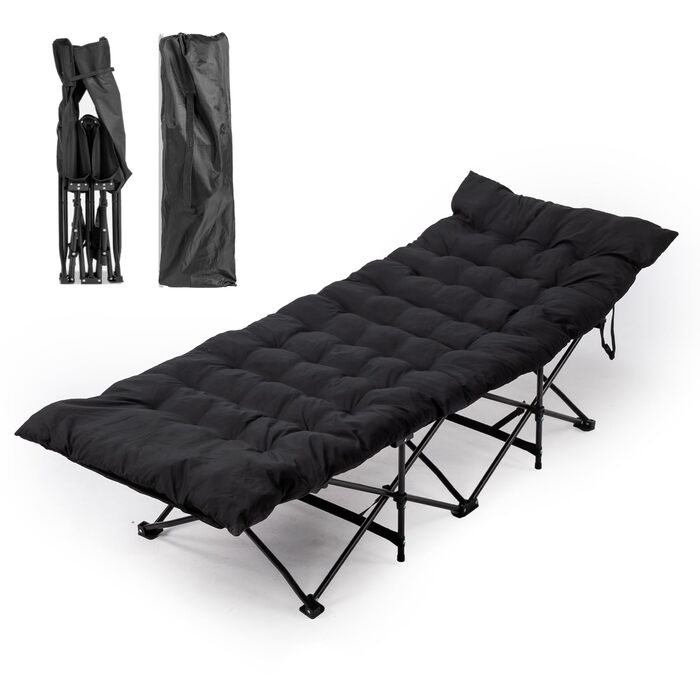 Ліжко похідне розкладне LEADZM з матрацом, 190x71x36 см, сталевий каркас, для кемпінгу, туризму та дому, чорне