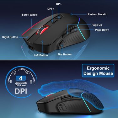 Бездротовий ігровий набір клавіатури та миші, DE Layout QWERTZ, RGB підсвічування, ергономічна миша, компактна клавіатура для PC, Mac, Xbox, PS5