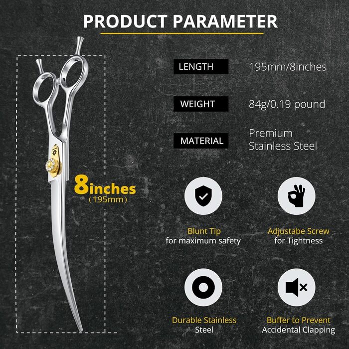 Професійна вигнута ножиця для грумінгу собак Dream Reach 8 дюймів, 440C нержавіюча сталь, ергономічна ручка, для собак та котів