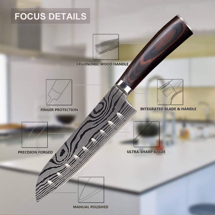 Японський ніж Santoku AIRENA, 7 дюймів (17.8 см), професійний кухонний ніж з високоякісної сталі D2, ергономічна ручка, для дому та кухні