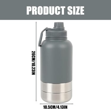 Портативна собача пляшка для води з мискою 950 мл – ізольована сталева фляга для собак, BPA-free для подорожей та прогулянок (Сірий, L)