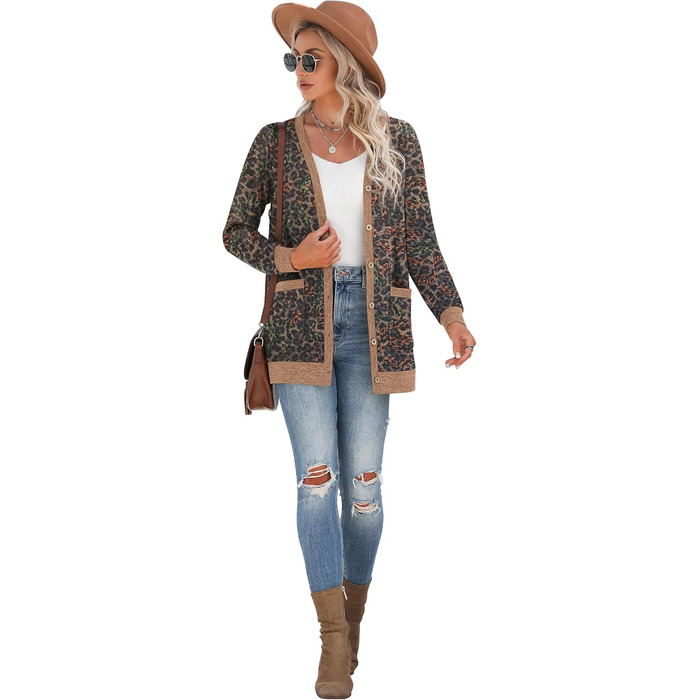 Жіночий довгий в'язаний кардиган Grecerelle Leopard, чорний, з кишенями та V-подібним вирізом