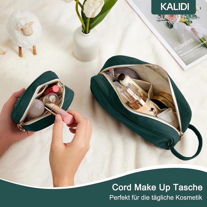 Косметичка для жінок KALIDI з корду, зручна для подорожей, з відділеннями, металева блискавка, темно-зелена