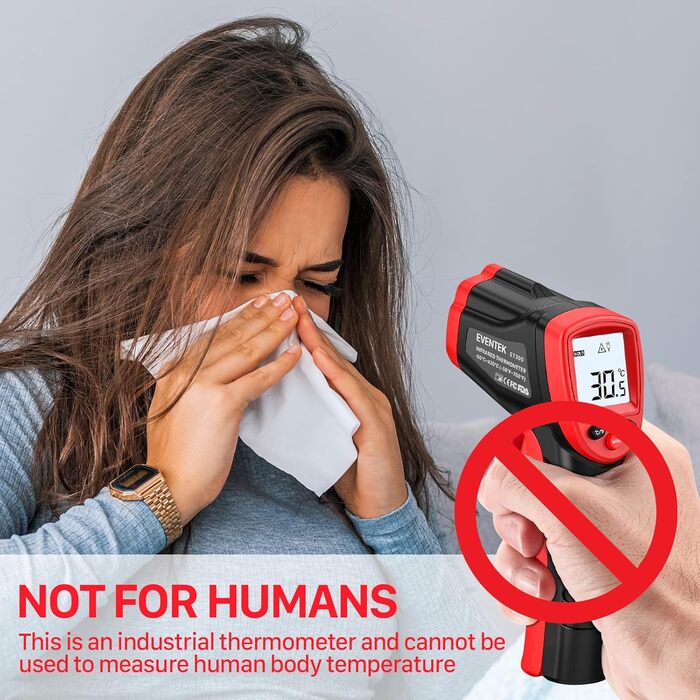 Інфрачервоний термометр Eventek -50°C до 600°C з лазером та LCD дисплеєм. Безконтактний термометр для піци, гриля, кухні та промисловості. Регульований коефіцієнт випромінювання (Не для людей). Червоний, діапазон -50°C ~ 500°C