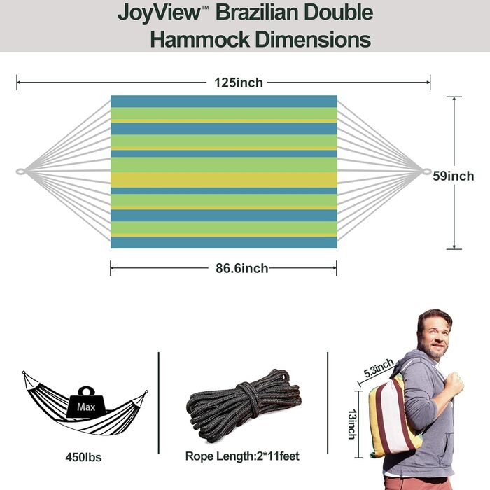 Гамак подвійний бразильський JoyView 220x150 см, бавовна, смугастий зелено-жовтий, до 204 кг, для тераси, саду, відпочинку