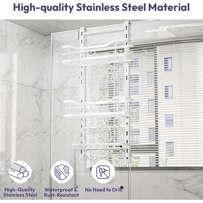 SWTYMIKI Adjustable Hanging Shower Shelf - No-Drill Shower Shelf for Glass Door, Stainless Steel Shower Shelf with Hooks and Soap Holder, Shampoo Holder for Shower, White