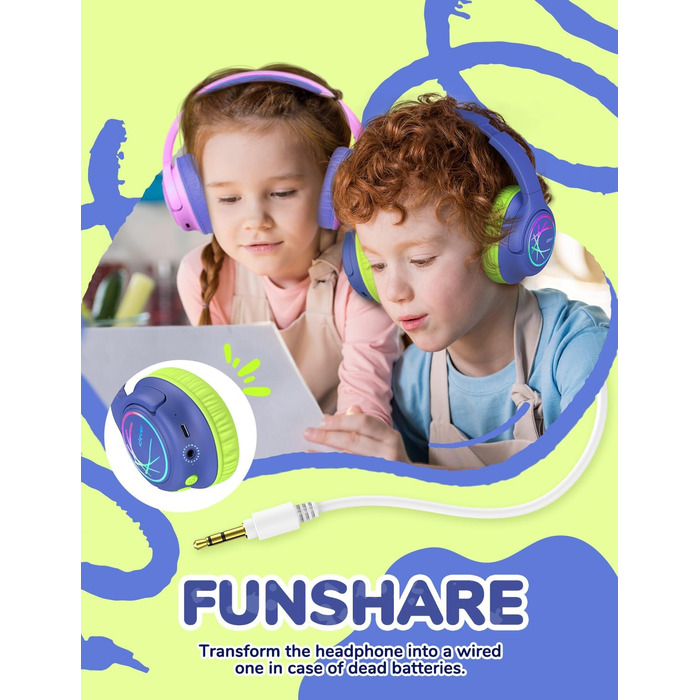 iClever Бездротові навушники для дітей з LED-підсвіткою, обмеження гучності 74/85 дБ, 43 години роботи, стерео звук, Type-C, AUX-кабель, Bluetooth 5.3, для планшетів/подорожей (зелено-блакитний)