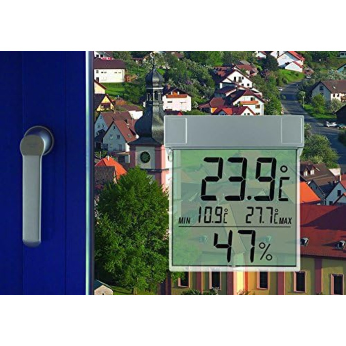 TFA Dostmann Vision Digital Window Thermohygrometer, 30.5020, large display with outdoor temperature and humidity, L 97 x W 22 x H 105 mm