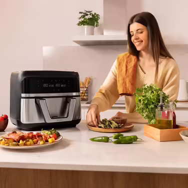 Cecotec Oil-Free Hot Air Fryer - 9L divisible into 2 - Air Fryer Cecofry Dual 9000. 2850W, dietary and digital, touch panel, dual temperature control, 6 modes, PerfectCook technology Black and Stainless Steel 1 9L basket + divider